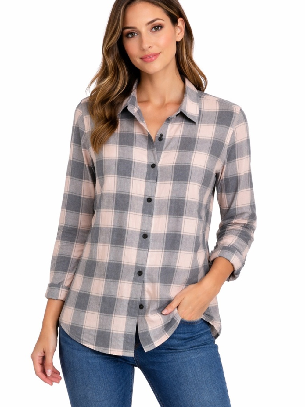 Banana‎ Republic Dillon Shirt Womens Small Gray Pink Plaid Cotton Button Down